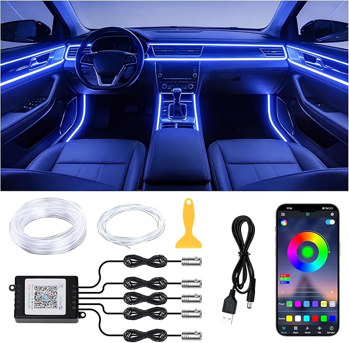 Interior Car LED Lights APP Control，Ambient Lighting Kit with 236" Fiber Optic，5 in 1 RGB Strip Lights，16 Million Colors Car Neon Lights, Sync to Music（USB）