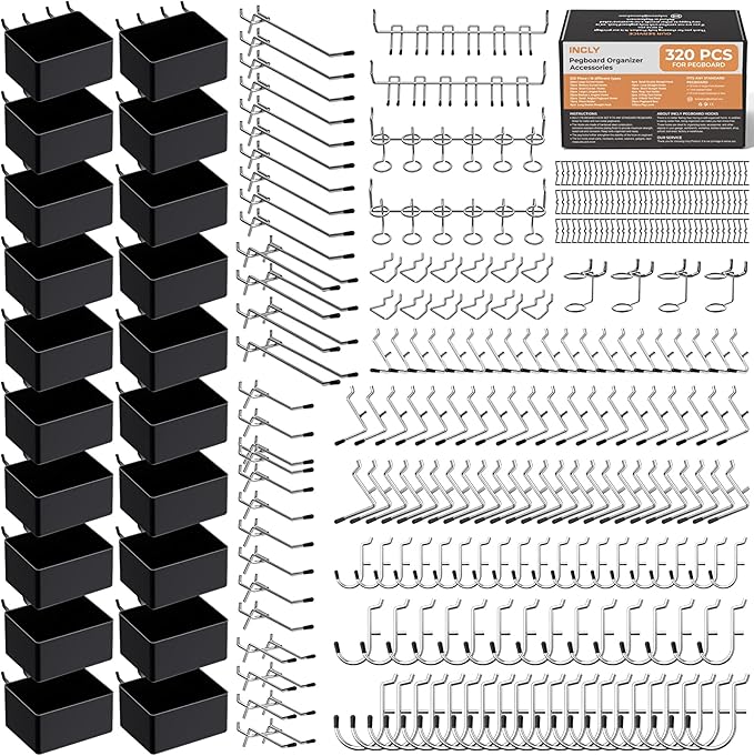 INCLY 320PCS Pegboard Accessories Organizer Kit, Peg Board Hooks Assortment with 20PCS Bins for Organizing Various Tools, Fit