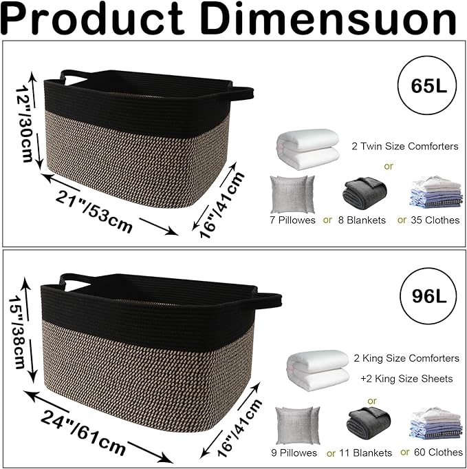 96L Large Blanket Basket,24"x16"x15"Rectangle Storage Bin with Handles,Woven Rope Laundry Basket for Toys, Clothes,Magazines,
