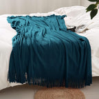 Homiest Decorative Knitted Throw with Fringe, Lightweight Acrylic Knit Blanket, Soft & Cozy Tassel Blanket for Couch, Sofa, B