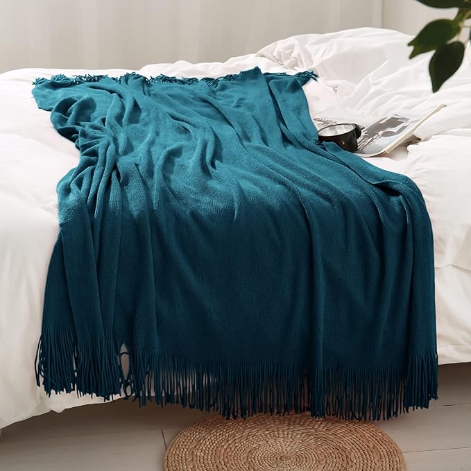 Homiest Decorative Knitted Throw with Fringe, Lightweight Acrylic Knit Blanket, Soft & Cozy Tassel Blanket for Couch, Sofa, B