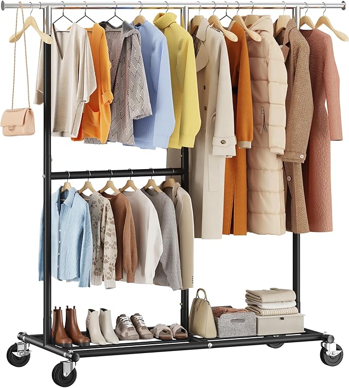 Raybee Clothes Rack Heavy Duty 450LBS, Clothing Racks for Hanging Clothes 200+, Metal Clothing Rack with Wheels, Rolling Comm