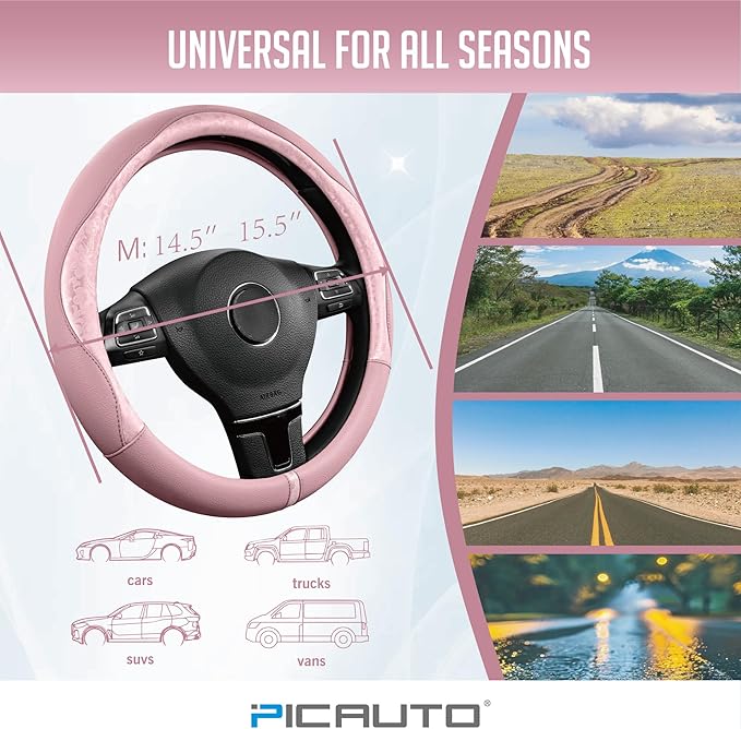 PIC AUTO Steering Wheel Cover, Pink Patterned Leather Patchwork Design, Universal Fit 14.5"–15.5", Anti-Slip, Odor-Free, Soft