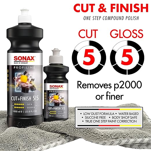 SONAX Cut & Finish 225141 | High Performing Polish/Compound | Rated 5 Cut & 5 Gloss | Removes Paint Defects, P1500 Sanding Marks & Water Spots | Long Work Time & Easy Wipe-Off | Silicone-Free | 250ml