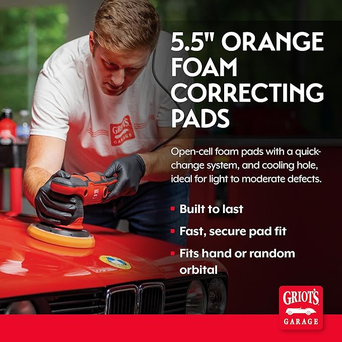 Griot's Garage Orange Foam Correcting Pads for Car Polishing and Detailing, Removes Light to Moderate Paint Defects, Durable, Machine-Washable, 10516, 5.5", Set of 2