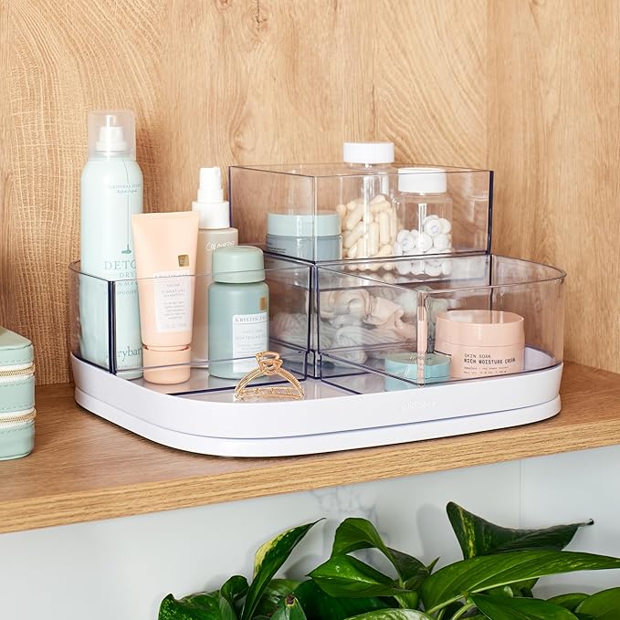 YouCopia MagicTrack Rectangle Lazy Susan Turntable with 4 Clear Storage Bins: Rotating Cabinet Organizer for Kitchen or Bathr
