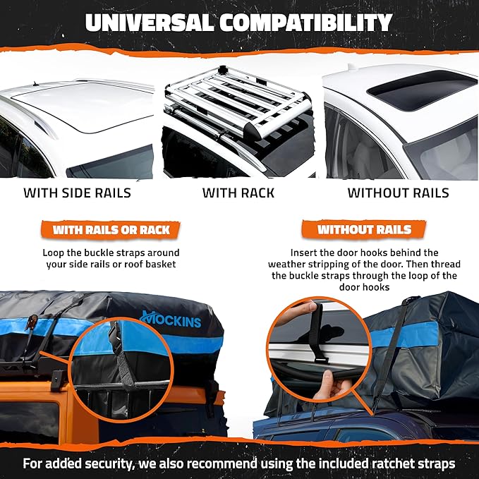 Mockins 35 Cu Ft XL Car Rooftop Cargo Carrier Bag | 80"x40"x19" All-Weather Vehicle Soft-Shell Carriers for Vehicles with or Without Roof Racks | Secure Luggage Bag for Car Roof Storage & Accessories