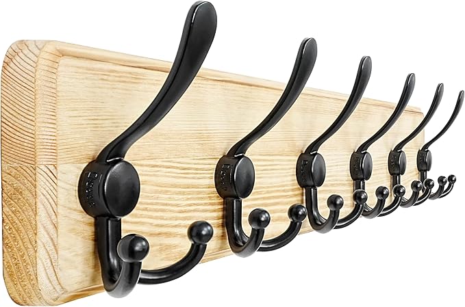 Dseap Coat Rack Wall Mounted - 24" Long 6 Tri Hooks, Heavy Duty Wooden Wall Coat Hanger Coat Hook for Clothes Hat Jacket Clot