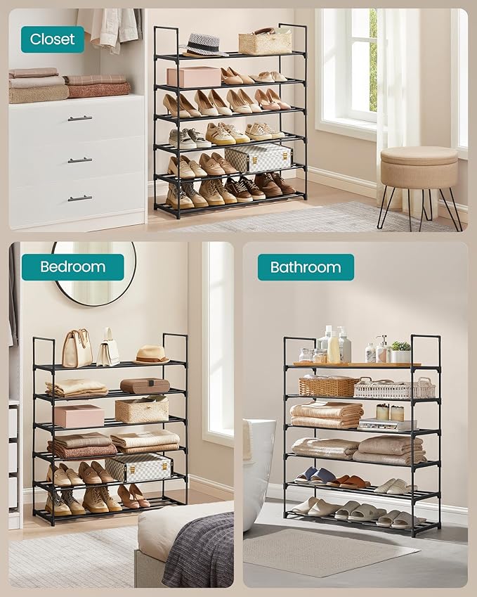 SONGMICS Shoe Rack, 6-Tier Shoe Organizer, Metal Storage Shelf, Upright or Upside Down, for 24-30 Pairs, Stackable, for Entry