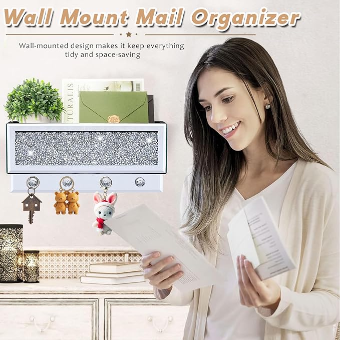 Crushed Diamond Key and Mail Holder for Wall, Crystal Mail Organizer Wall Mount, Mirror Mail and Key Holder Wall Mount for En