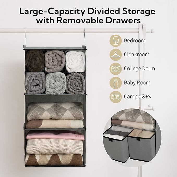 GRANNY SAYS Hanging Closet Organizer with Drawers, 4 Shelf Dividers Closet Hanging Organizer, Foldable Hanging Shelves for Wa