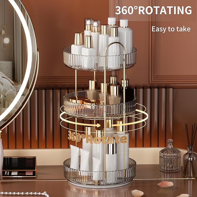 YCIA&DONE 360 Rotating Makeup Organizer and Storage for Vanity Countertop 3 Tiers, High Capacity Cosmetic Skincare Perfume Or