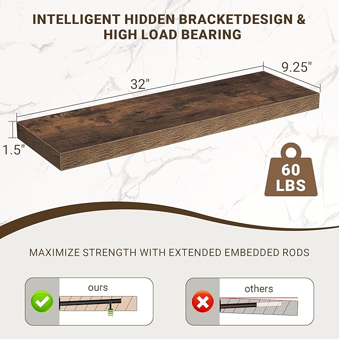 32 Inch Floating Shelves, 3D Textured Wood Grain, 32"x9.25"x1.5" Inch Deep Floating Shelves for Wall, Wooden Shelves for Bath