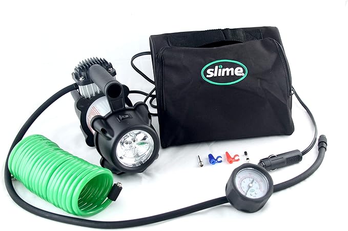 Slime 40031 Tire Inflator, Portable Car, SUV, 4x4 Air Compressor, Pro Power, Heavy Duty, with Analog 150 psi Dial Gauge, Long Hose and LED Light, 12V, 3 min inflation