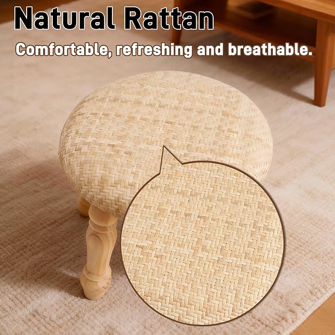 Solid Wood Wall Shelf 3-Tier,Round Foot Stool,Small Pouf Ottoman with Natural Rattan, Boho Footrest Wooden Stool for Couch,Ru