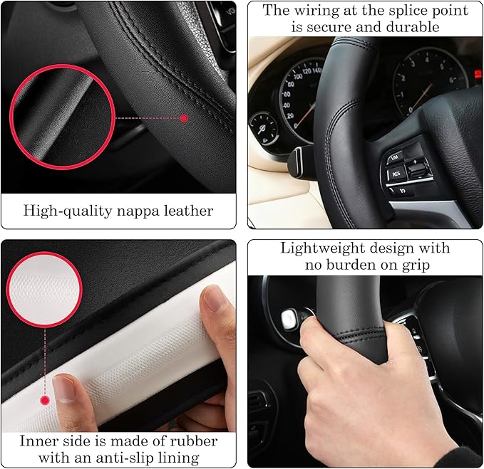 Black Car Steering Wheel Cover, Nappa Leather, Bottom Color Blocking, Fashionable Sporty Style, Universal 14.5-15 Inch Leathe