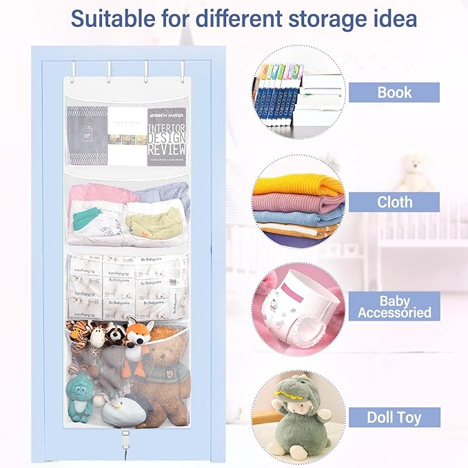 Woodoulogy Hanging Stuffed Animal Storage, Over Door Large Plush Toy Organizer with Metal Hook, Baby Accessory Holder Idea fo