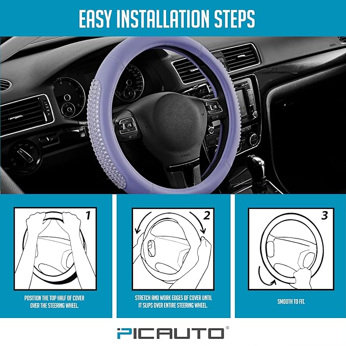 PIC AUTO Steering Wheel Cover, Glitter Gel Particles & Purple Luxury Leather Car Steering Cover, Universal Fit 14.5"-15.5" An