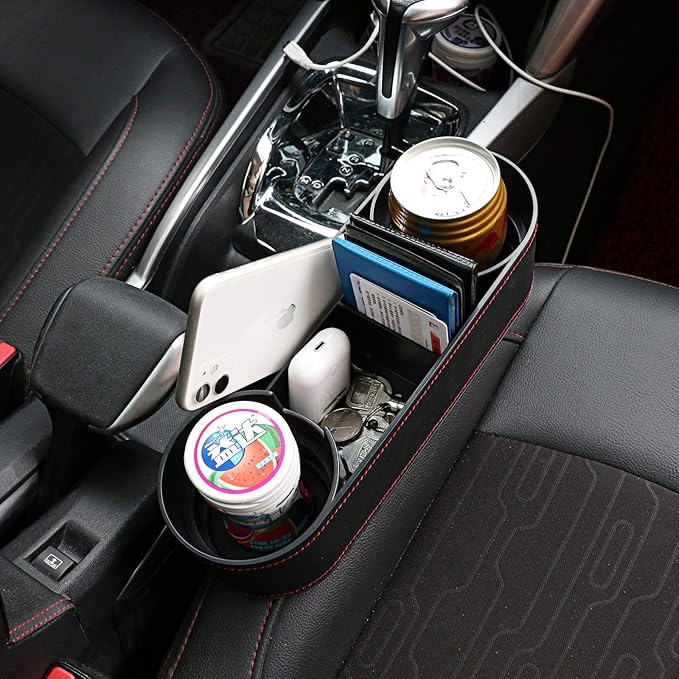 Car Seat Organizer Cup Drink Holders,Multifunctional Gap Filler Storage Box,Insert Organization Helps Reduce Distracted Driving&Holds Phone Mount Mug Bottle Cellphones Coasters Wallet Cards (Black)