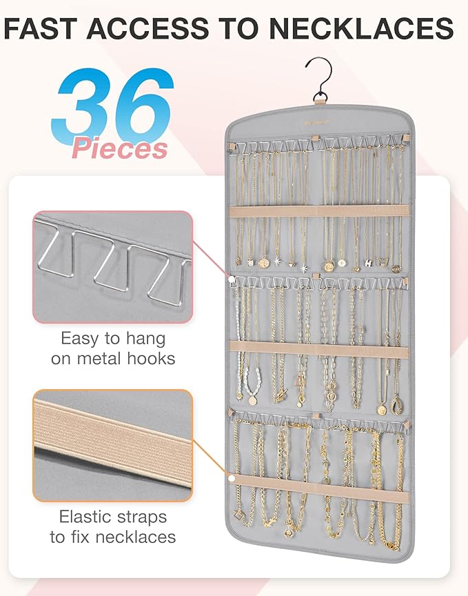 BAGSMART Hanging Jewelry Organizer, Necklace Holder Anti-tangle Earrings Rings Hanger with 20 Jewelry Bags Travel Storage Rol