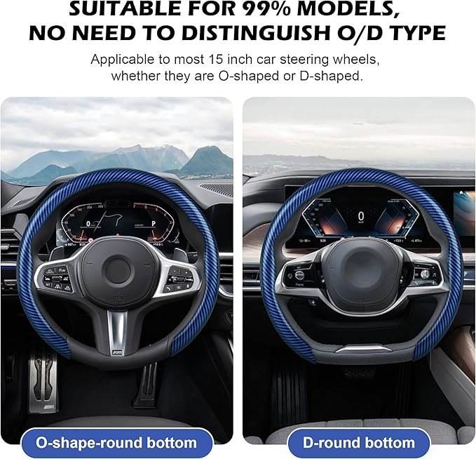 Frani Leather Steering Wheel Cover,Universal Fit 15 Inch-Premium Non-Slip Breathable Comfort Grip for Cars Trucks SUVs,Anti-Slip Durable Interior Upgrade Carbon Fiber Pattern (Blue)