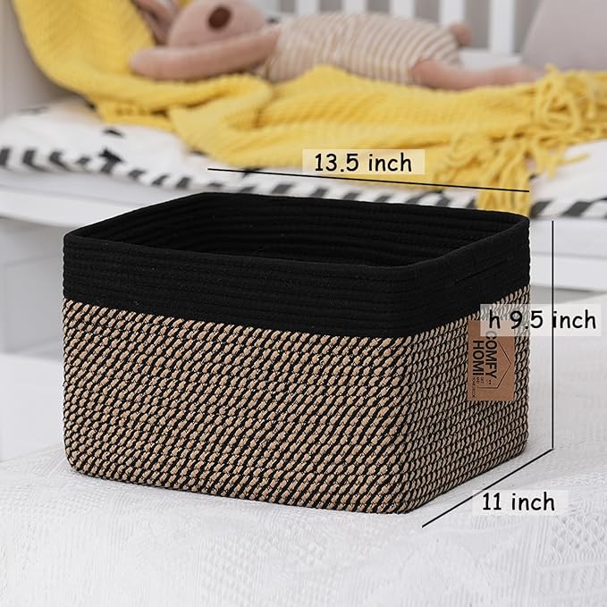 COMFY-HOMI Cotton Rope Woven Basket with Handles for Shelves,Toys,Book, Cloth Storage Baskets Bin for Organizing-13.5"x11"x9.