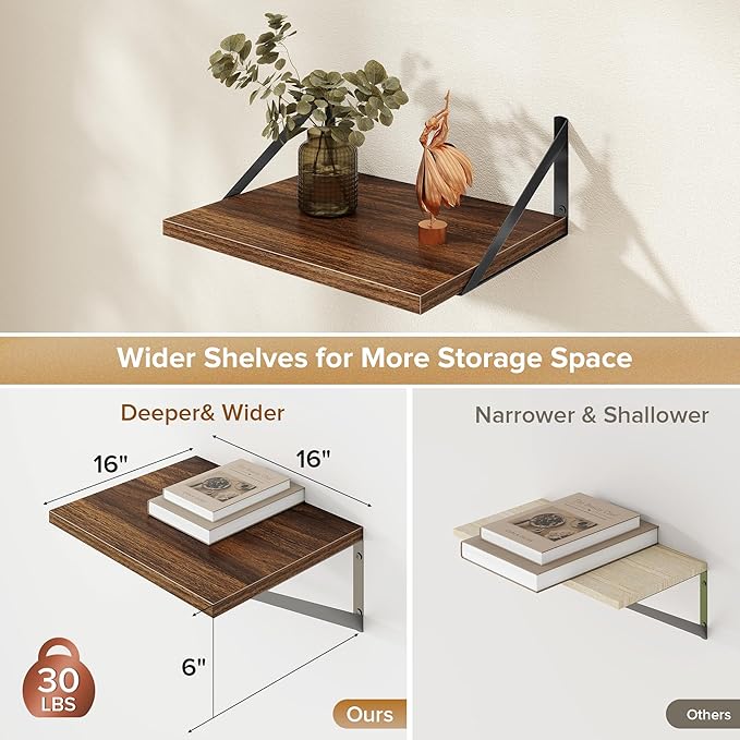 Deep Floating Shelves Wall Mounted, 16"x12" Walnut Wall Shelves with Brackets Set of 2 for Bedroom, Living Room, Bathroom, Ki