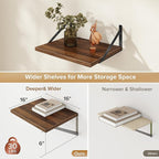 Deep Floating Shelves Wall Mounted, 16"x12" Walnut Wall Shelves with Brackets Set of 2 for Bedroom, Living Room, Bathroom, Ki