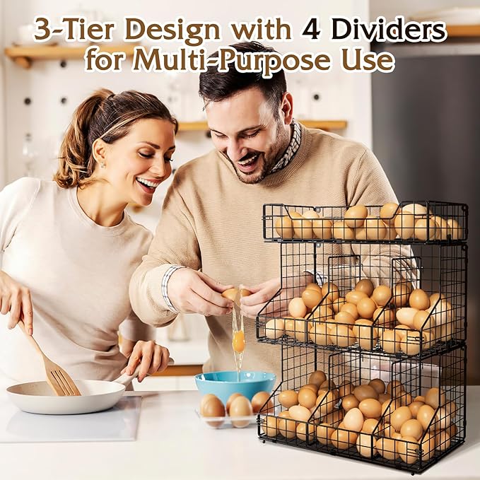 X-cosrack Egg Holder Countertop, 3 Tier Egg Rack with Labels Dividers to Separate Eggs, Stackable Wire Baskets for Fresh Egg,