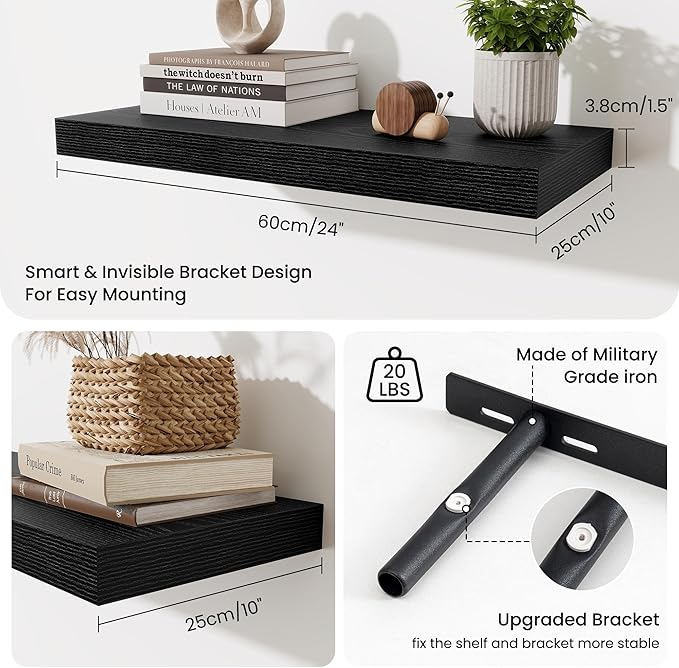 Fun Memories 24 Inch Floating Shelves Wall Mounted, 10 Inch Deep Wall Shelves, 24 x 10 Floating Shelf for Living Room Bathroo