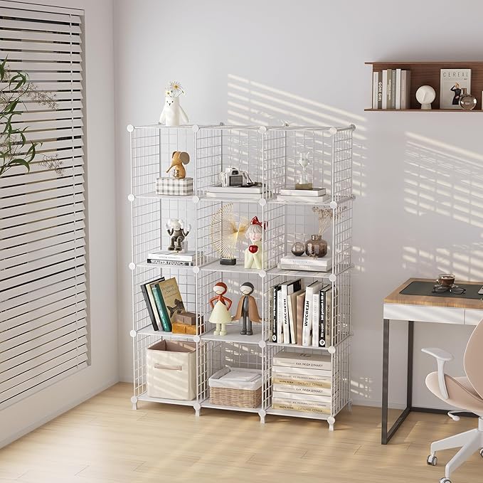 12-Cube Storage Organizer, Metal Wire Cube Shelving Unit, 11.8" L x 11.8" W x 11.8" H, Modular Grid Bookshelf for Closet, Bed