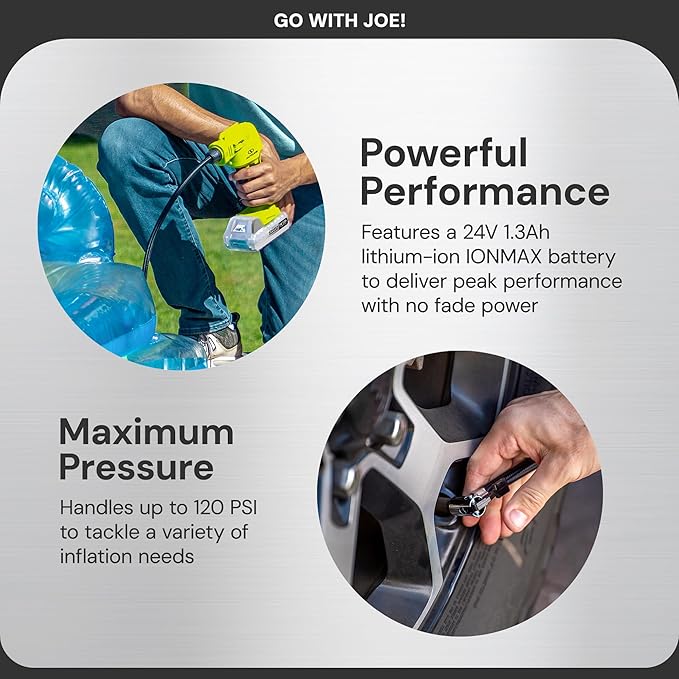 Auto Joe 24V-AJC-MAX 24V IONMAX Cordless Rapid Air Inflator, Portable Air Compressor, Includes 1.3Ah Battery, Charger, Air Chuck, Tapered Adapter, Presta Valve Adapter, and Ball Needle