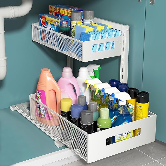 Pull-out Under Kitchen Sink Organizer, Metal Functional Under Sink Organizer, Height Adjustable Under Bathroom Sink Organizer