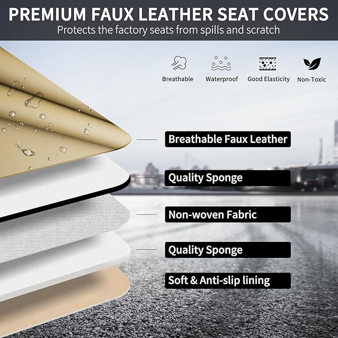 Beige Leather Seat Covers, 5 Seats Universal Car Seat Covers Full Set, Waterproof Automotive Seat Covers Breathable Front and