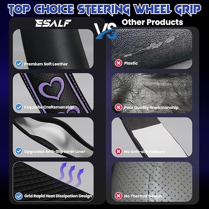 Ventilated Heart-Shaped Steering Wheel Cover with Anti-Slip Leather Grip. Compatible with Ford, Toyota, Honda, Nissan, and Ch