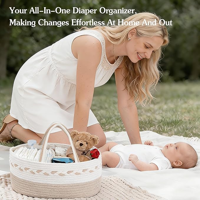 Diaper caddy Organizer, Cotton Rope Gift Basket with Removable Divider, Nursery Storage Organizer for Baby Essentials, Changi