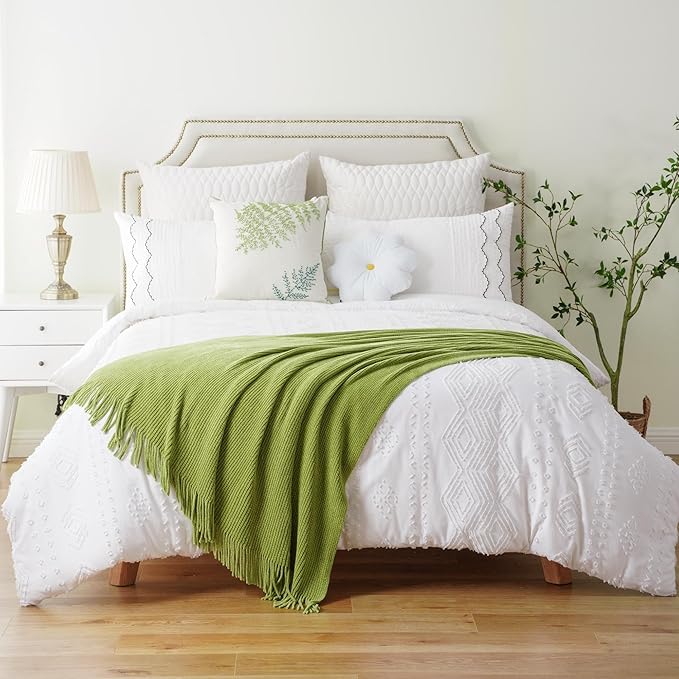 BATTILO HOME Apple Green Throw Blanket for Couch, Soft Chenille Knit Throws with Tassels for Home Decor, Spring Green Throws 