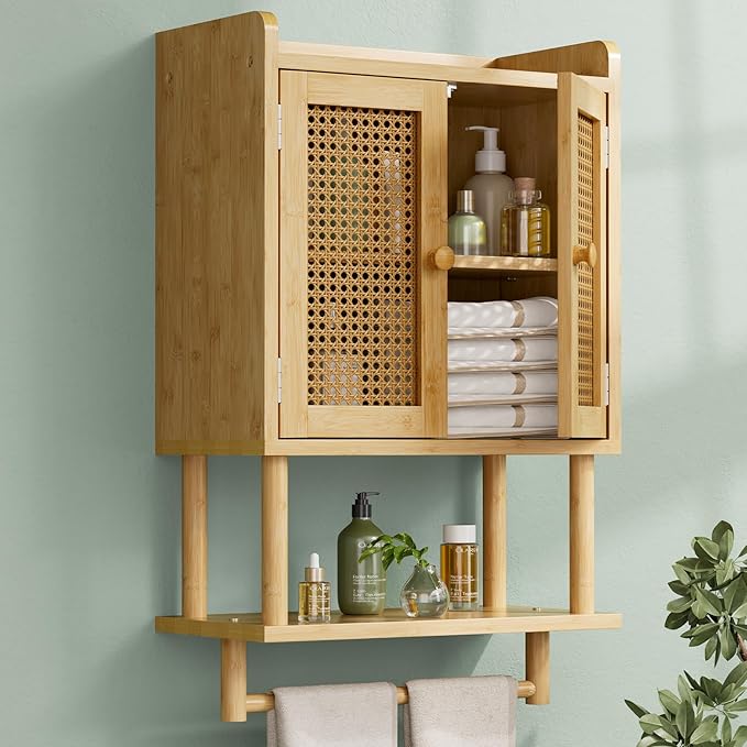 AmazerBath Bathroom Wall Cabinets, Bamboo Medicine Cabinet with Rattan Door, Over The Toilet Storage Cabinet with Towel Bar, 