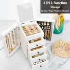 Meangood Jewelry Box Wood for Wowen, 5-Layer Large Organizer Box with Mirror & 4 Drawers for Rings, Earrings, Necklaces, Whit