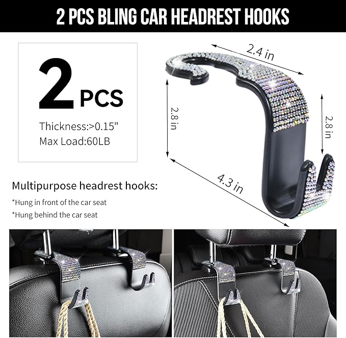 CAR PASS 23 PCS Bling Diamond Car Accessories Set for Women, Leather Car Seat Covers Full Set Sparkly Rhinestone15'' Steering Wheel Covers Shining Diamond Floor Mats Car Interior Sets, Multicolor