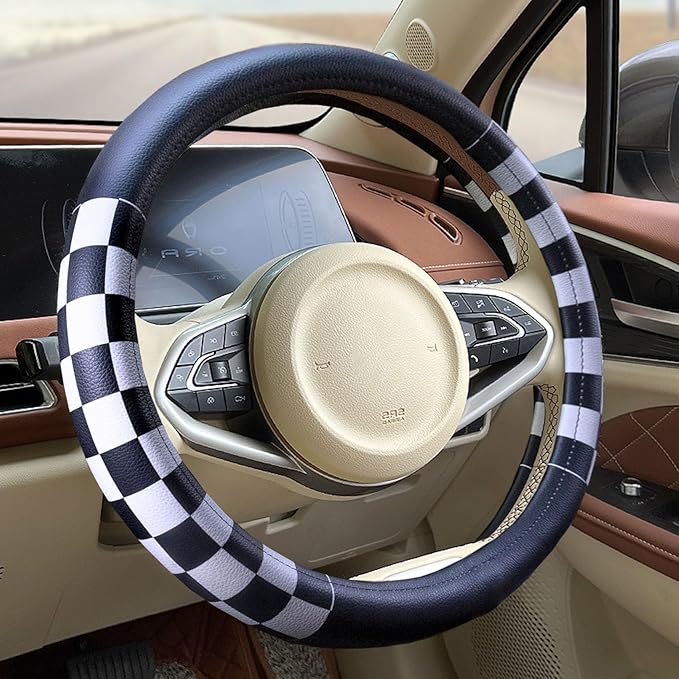 Dotesy Lattice Car Steering Wheel Cover Microfiber Leather Non-Slip Comfort Universal 15 inch Checkered Plaid Wheel Protector