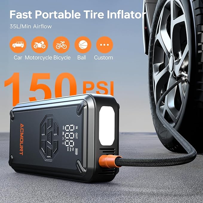 Acmount W160 Jump Starter with Air Compressor, 5000A Portable Car Jump Starter 150PSI Tire Inflator/Air Pump, 12V Battery(Up
