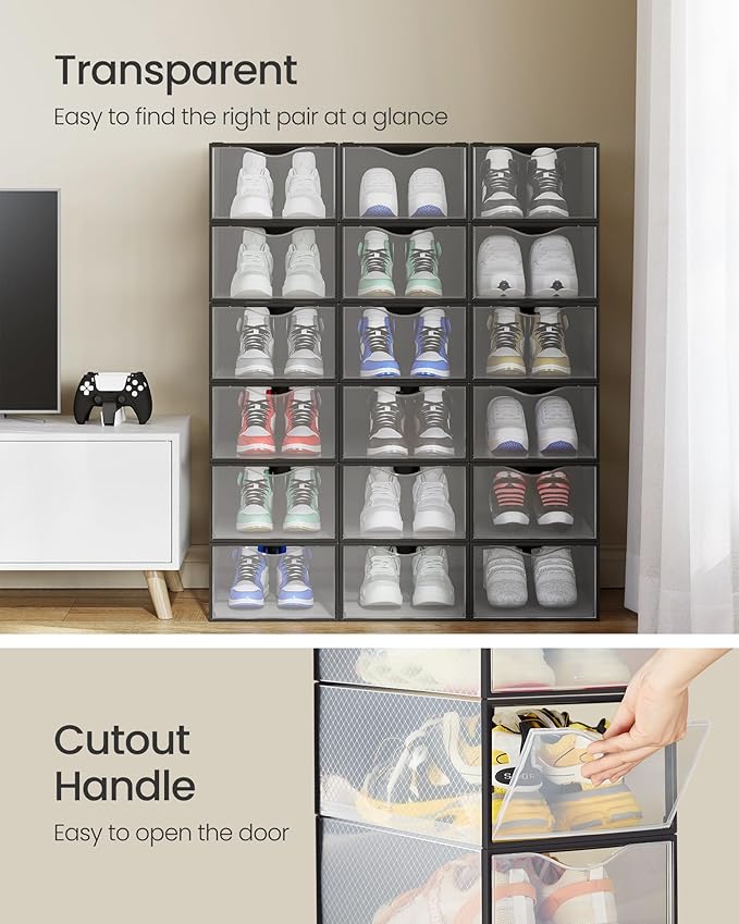 SONGMICS Shoe Boxes, Shoe Storage Organizers Rack for Closet, Plastic Stackable Sneaker Containers Case, 18 Pack, Transparent