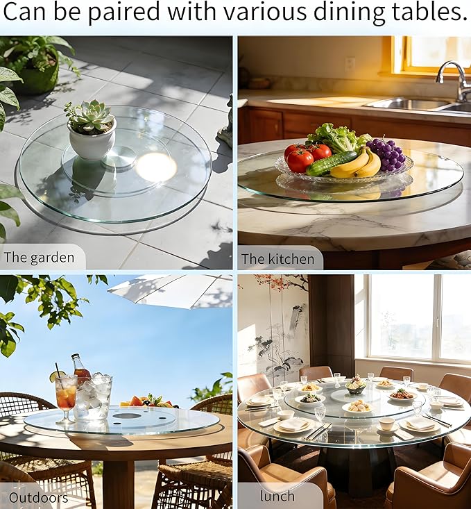 34" Glass Lazy Susan for Dining Table, Glass Turntable Table Centerpiece with 6 Rotating Wheels, 360° Smooth and Silent Spin 