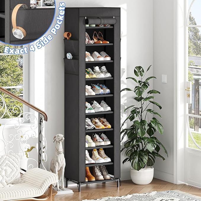 Simple Trending Narrow Shoe Rack with Cover, 10 Tier Shoe Organizer Storage, Tall Free Standing Shoe Cabinet Holds 20 Pairs f