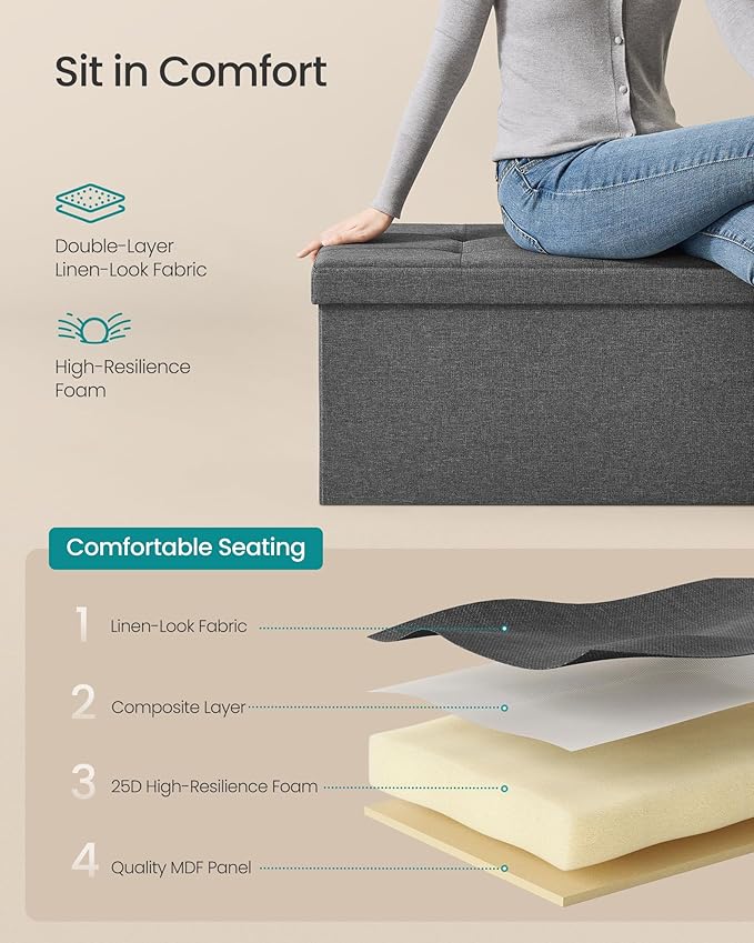 SONGMICS MAZIE Collection - 43 Inches Folding Storage Ottoman Bench, Ottoman Foot Rest, End of Bed Bench, Storage Chest, Load