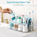 Vtopmart 5 PCS Bathroom Countertop Organizer, 1 Divided Tray with 4 Qtip Holder Jars, Restroom Clear Organizers for Toothbrus