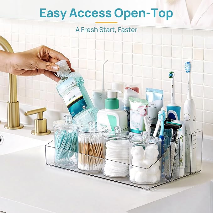 Vtopmart 5 PCS Bathroom Countertop Organizer, 1 Divided Tray with 4 Qtip Holder Jars, Restroom Clear Organizers for Toothbrus