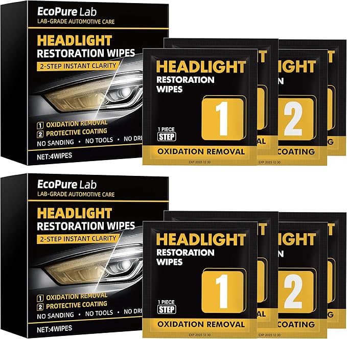2-Step Headlight Restoration Wipes–No Sanding Car Headlight Restoration Kit with Oxidation Remover&Ceramic Coating,UV Protect
