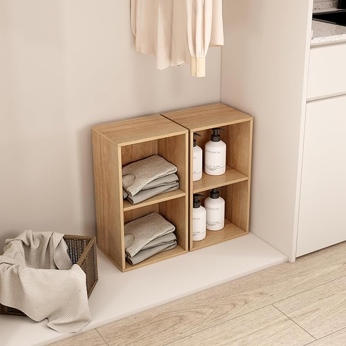 2 Cube Storage Organizer,Wooden 2-Tier Open Shelf Bookshelf,Versatile Storage Cubes for Living Room，Bedroom,Home Office, (Oak